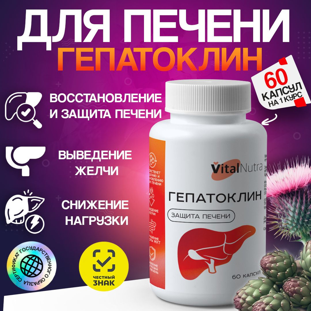 Гепатоклин VitalNutra, таблетки для восстановления, защиты, очищения и  детокса печени. Гепатопротекторы, желчегонный сбор с расторопшей,  андрогафис, артишок 60 капсул, 470 мг - купить с доставкой по выгодным  ценам в интернет-магазине OZON (1393341233)