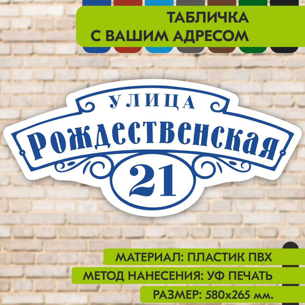 Адресная табличка на дом "Домовой знак" бело-синяя, 580х265 мм., из пластика, УФ печать не выгорает  #1