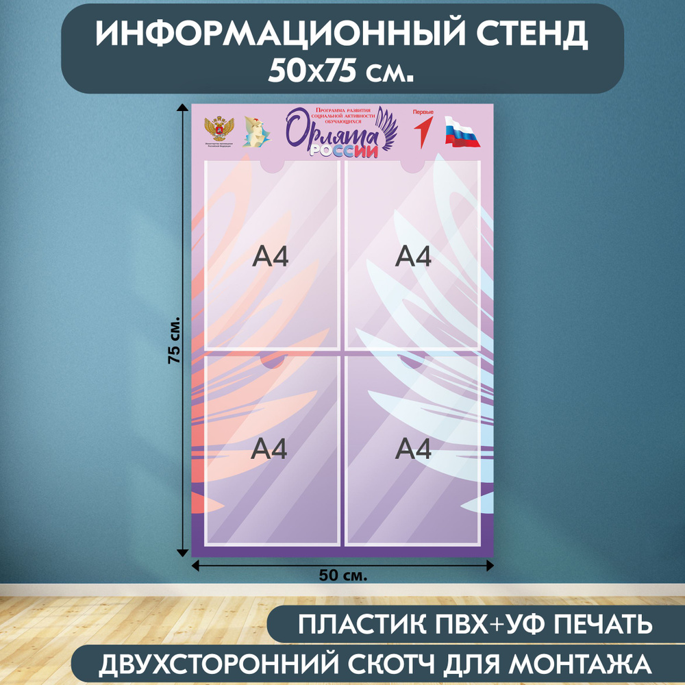 "Орлята России" стенд информационный, фиолетовый, 500х750 мм., 4 кармана А4  #1