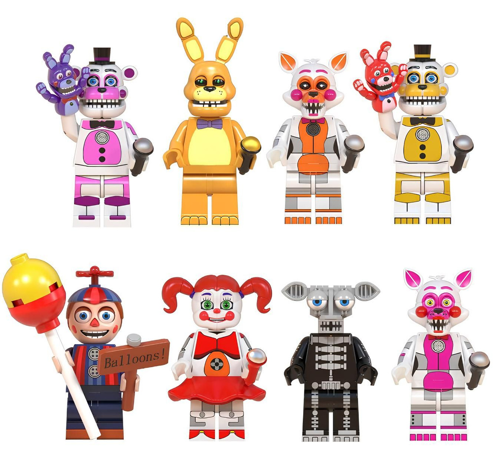 Набор минифигурок Аниматроники ФНАФ / Пять ночей у Фредди FNAF совместимы с  конструкторами лего 8шт (4.5см, пакет) WM6097