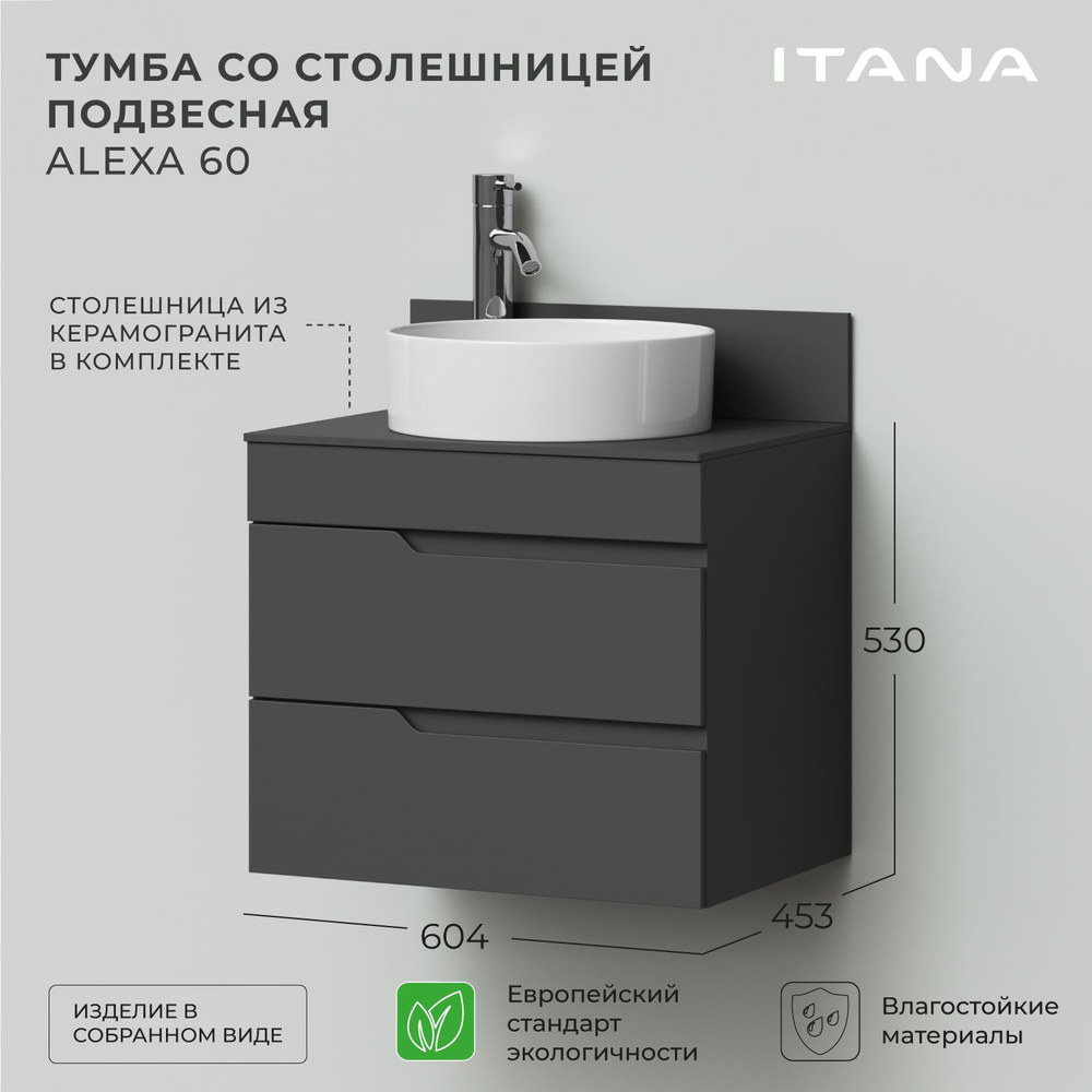 Тумба со столешницей подвесная Итана Alexa 60 604х453х530 Графит  #1