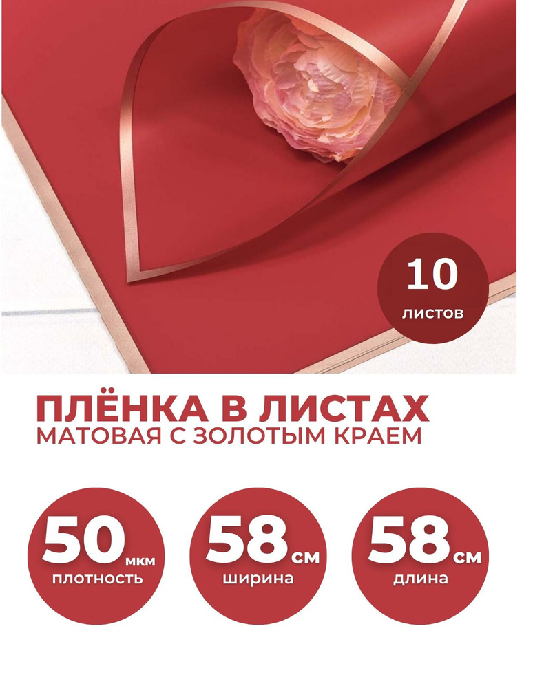 Пленка для цветов и подарков, в листах 58х58см, 10шт. 50мкм. Матовая с золотым краем.  #1