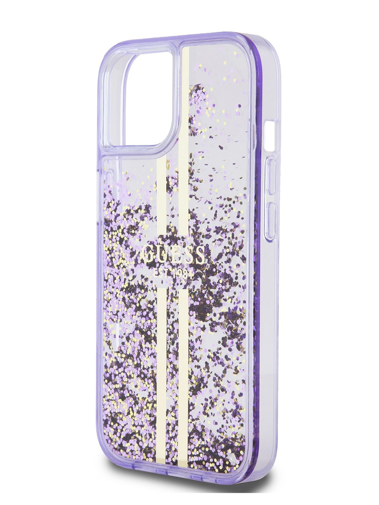 Чехол Guess Liquid glitter на Apple iPhone 15 с золотистыми жидкими блестками с принтом полосы, прозрачно-сиреневый #1