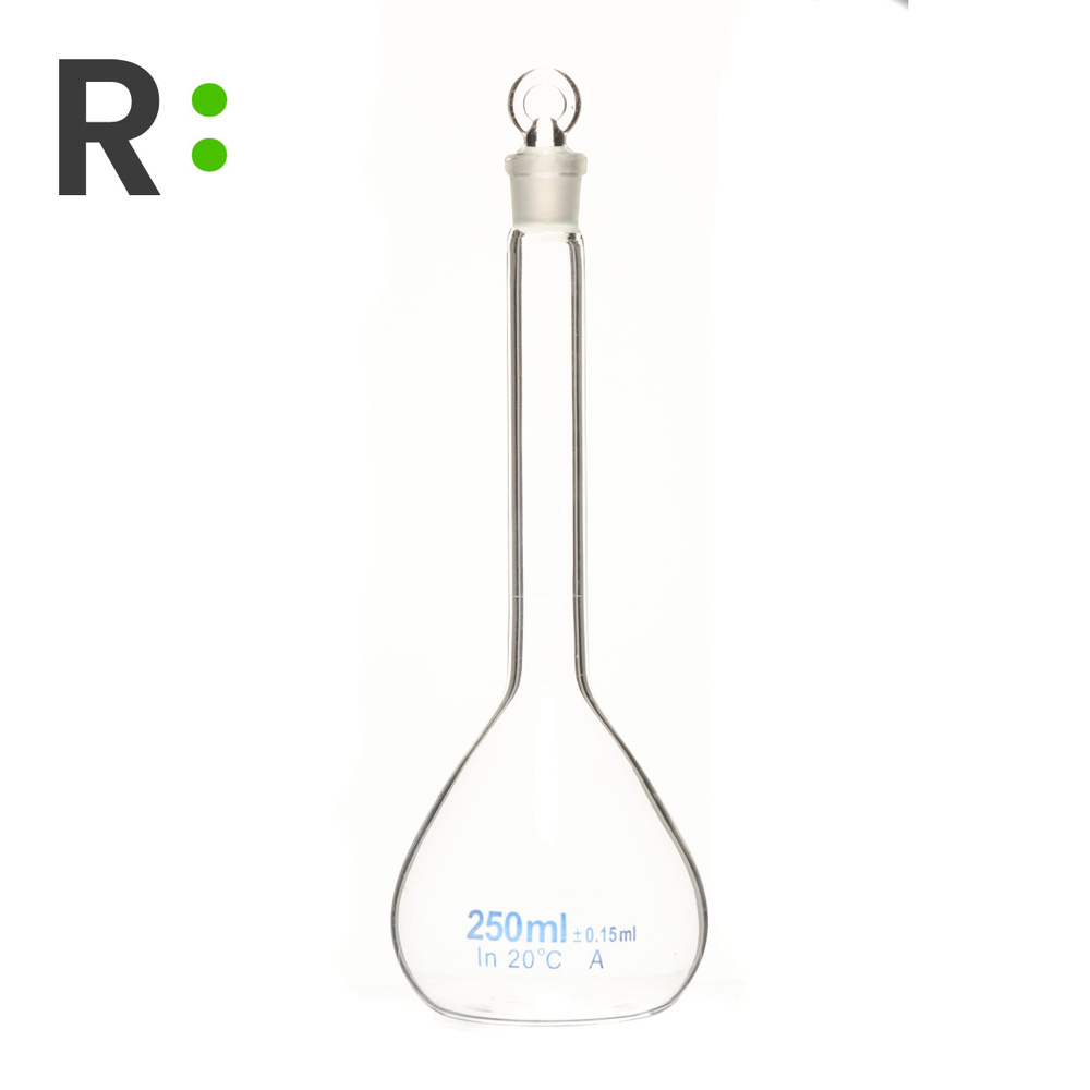 Колба мерная, 250 мл, светлое боросиликатное стекло, пластиковая пробка ...