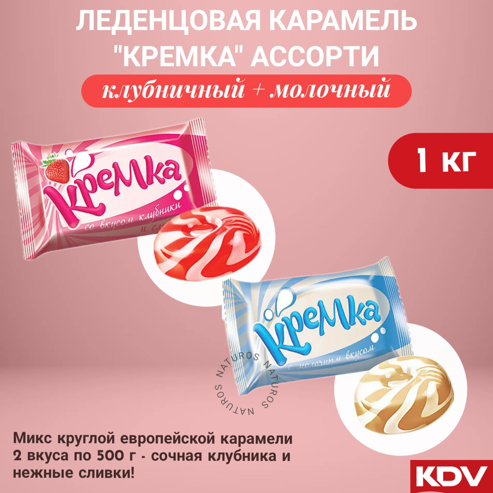 Конфеты карамель леденцовая Кремка ассорти клубничная и молочная 1кг ...