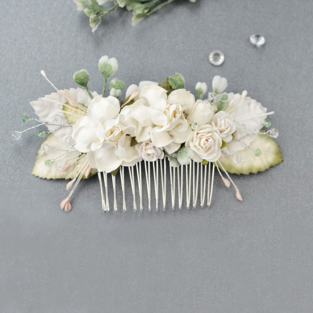 Гребень для волос с цветами розами ручной работы свадебный #1
