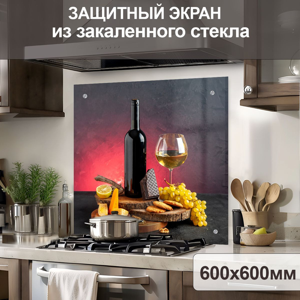 Защитный экран от брызг на плиту 600х600х4мм. Стеновая панель для кухни из закаленного стекла. Фартук #1