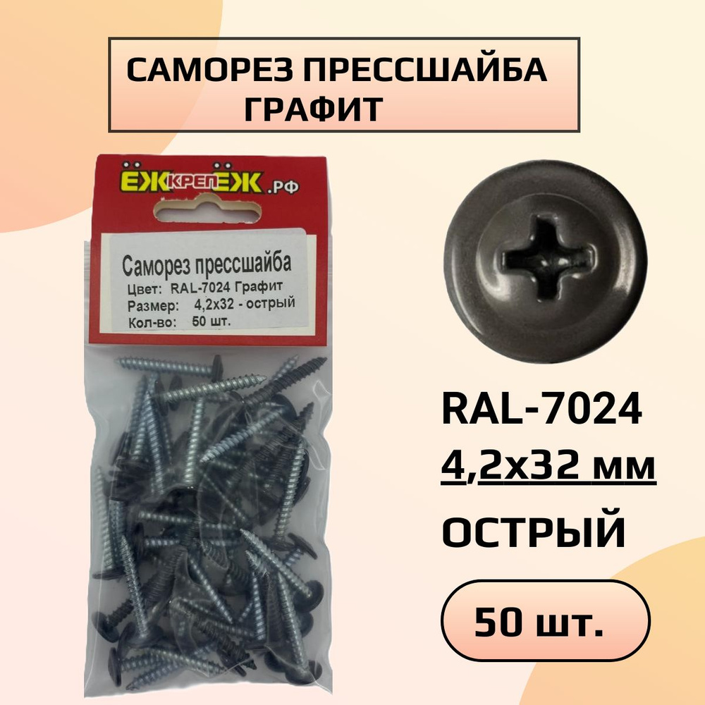 Саморезы крашенные прессшайба 4,2х32 мм острый графит RAL-7024 (50 шт) ЁЖкрепЁЖ.  #1