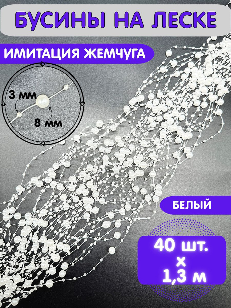 Бусины на леске для рукоделия под жемчуг 3/8 мм (40 нитей по 1.3 м). Белый  #1