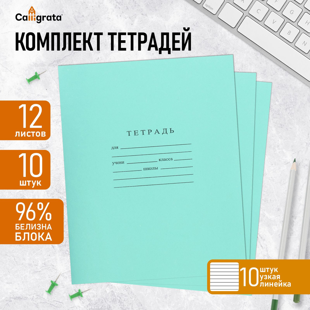 Комплект тетрадей из 10 штук, 12 листов в узкую линию Бумажная фабрика "Зелёная обложка", 60 г/м2, блок #1