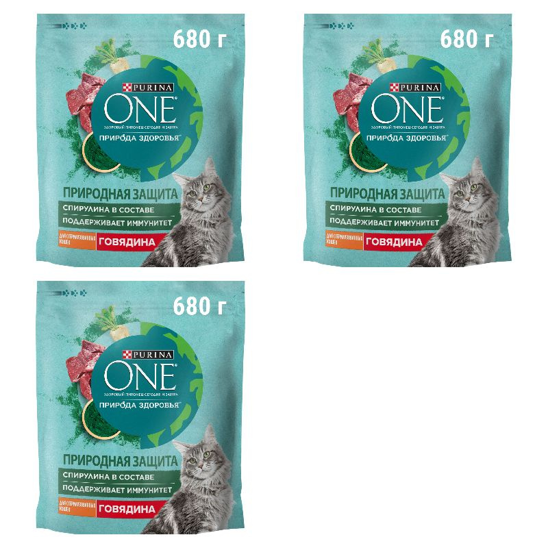 Purina One Сухой корм для стерилизованных кошек и кастрированных котов, говядина, 680 г, 3шт  #1