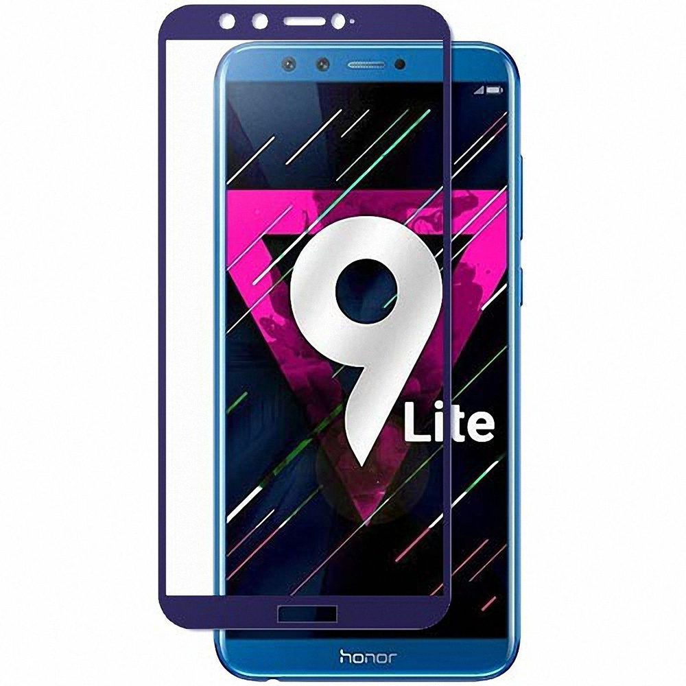 Защитное стекло для Honor 9 Lite на весь экран с синей рамкой  #1