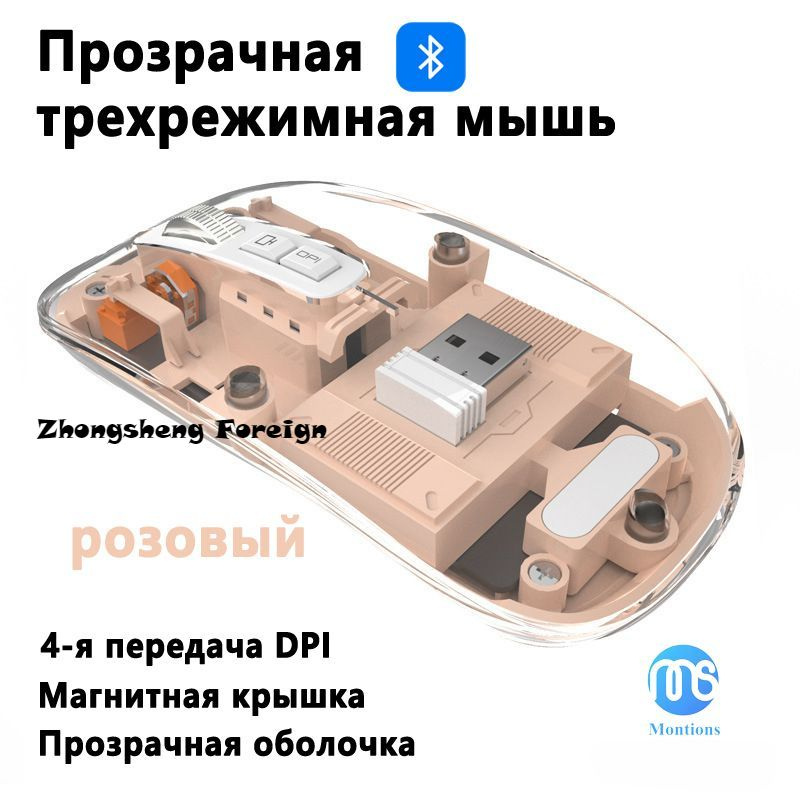 montions Мышь беспроводная прозрачная мышь, светло-розовый  #1