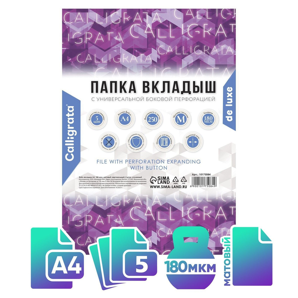 Файл-вкладыш А4, 180 мкм, ПВХ, усиленный, с расширением и клапаном. матовый, 5 штук #1