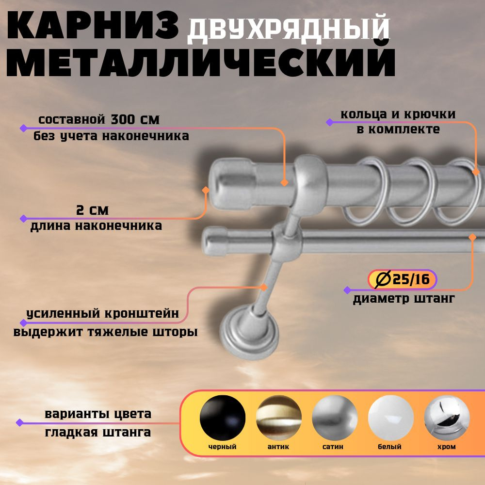 Карниз металлический Заглушка, 2-рядный, гладкий, D-25/16 мм., цвет Сатин, 2,8 м. #1