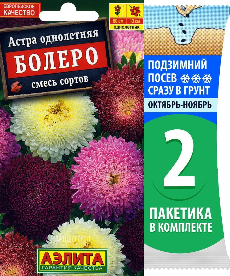 Семена Астра однолетняя помпонная Болеро смесь сортов, однолетние цветы для сада, 2 пакетика по 0,2г/100шт #1