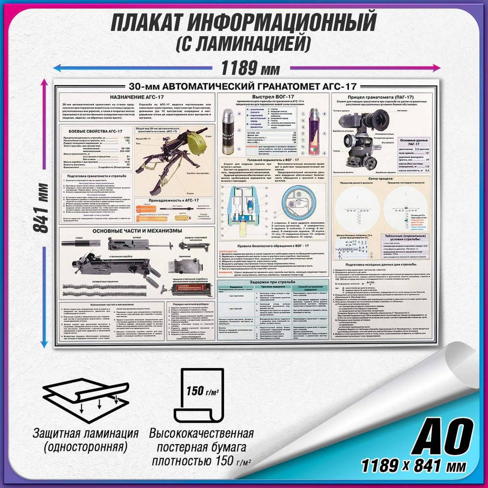 Информационный военный плакат "30-мм Автоматической Гранатомет АГС-17" / ламинированный / А0 (119x84 #1