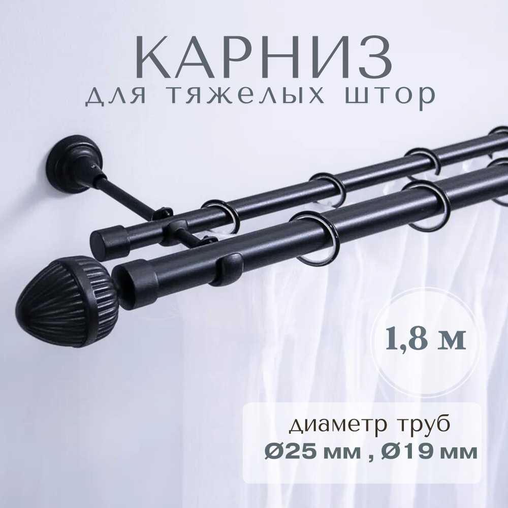 Карниз для штор, металлический, настенный, двухрядный, наконечник "Ампир" 180 см, цвет черный #1