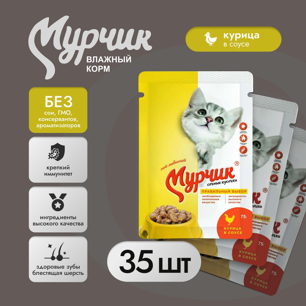 Влажный корм для кошек Мурчик курица в соусе 75гр по 35шт #1