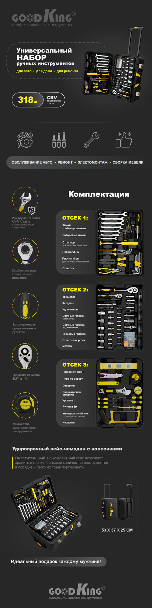 Универсальный набор инструментов для дома и автомобиля GOODKING 318  предметов - купить по выгодной цене в интернет-магазине OZON (616880728)