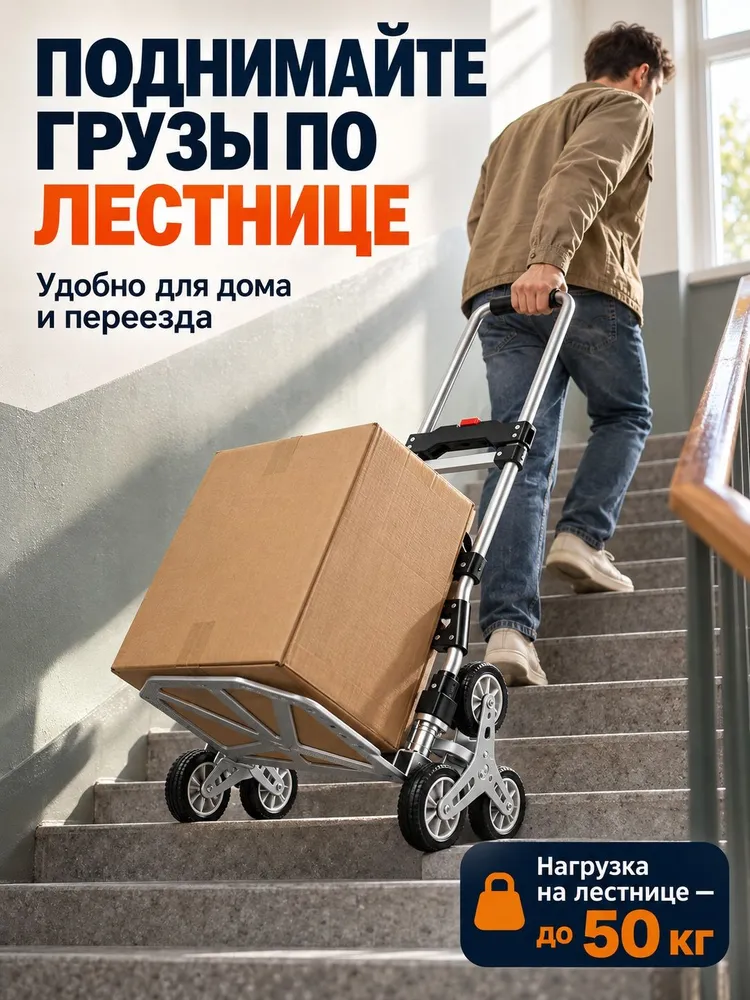 Лестничная тележка складная трехколесная до 160 кг, ручная тележка для перевозки грузов по лестнице, 160 кг, фото 2