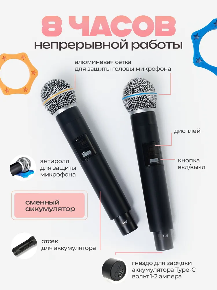 Беспроводная блютуз колонка с караоке с двумя микрофонами NOIR-audio CLASSIC, вариант, фото 3
