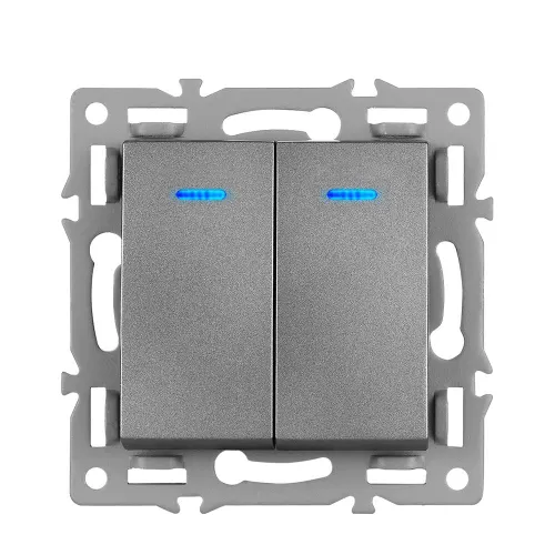 Проходной выключатель двухклавишный (переключатель) с подсветкой,Рама из алюминиевого сплава серый .