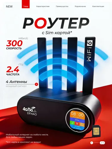 Роутер wifi с сим картой 4G LTE с экраном, черный, R680