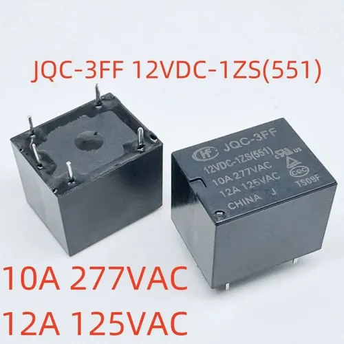 2pcs Реле электромагнитное JQC-3FF 12 В пост. тока, 5 контактов, 10 А, модель JQC-3FF/12VDC-1ZS(551)