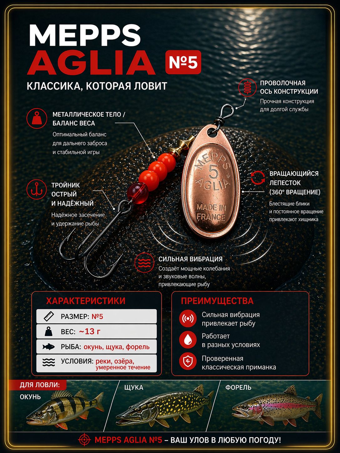 Блесна вращающаяся для рыбалки Mepps AGLIA №5 на щуку, окуня, форель