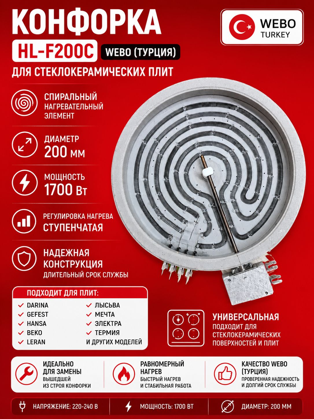Конфорка 1700W для стеклокерамической плиты Дарина