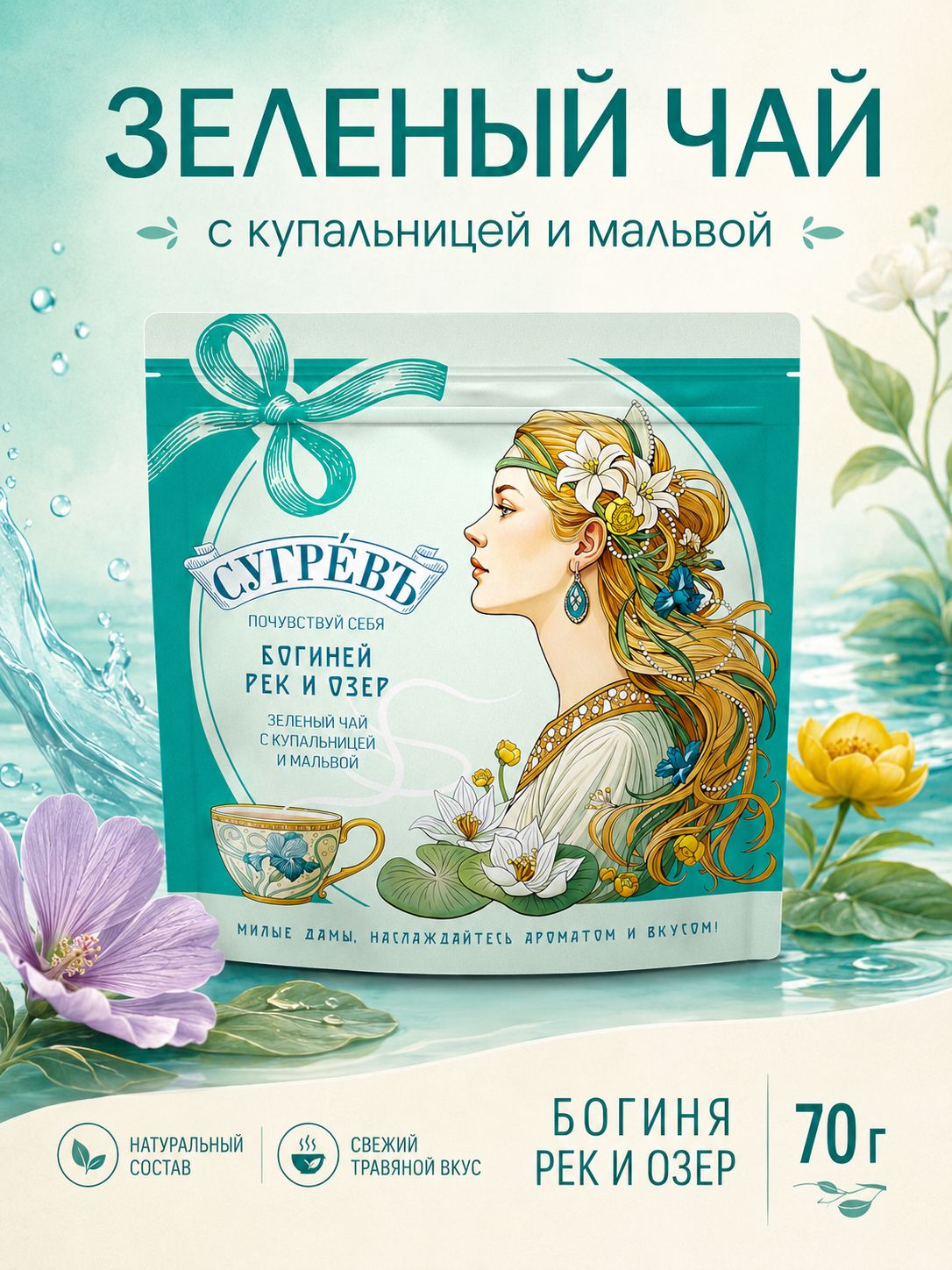 Чай зеленый листовой Сугревъ Богиня рек с купальницей, дой-пак 70 г