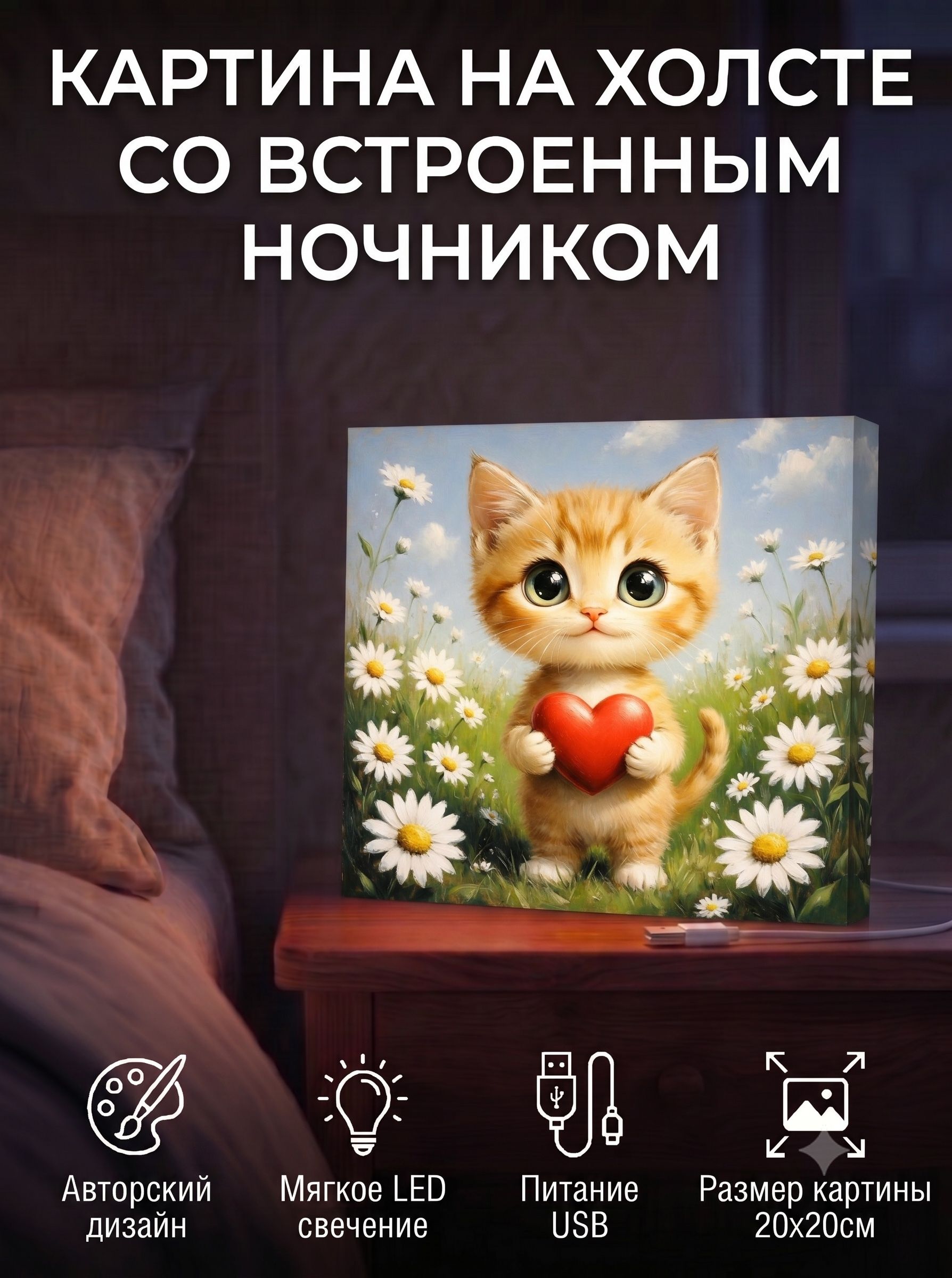 Котёнок с сердечком в ромашках