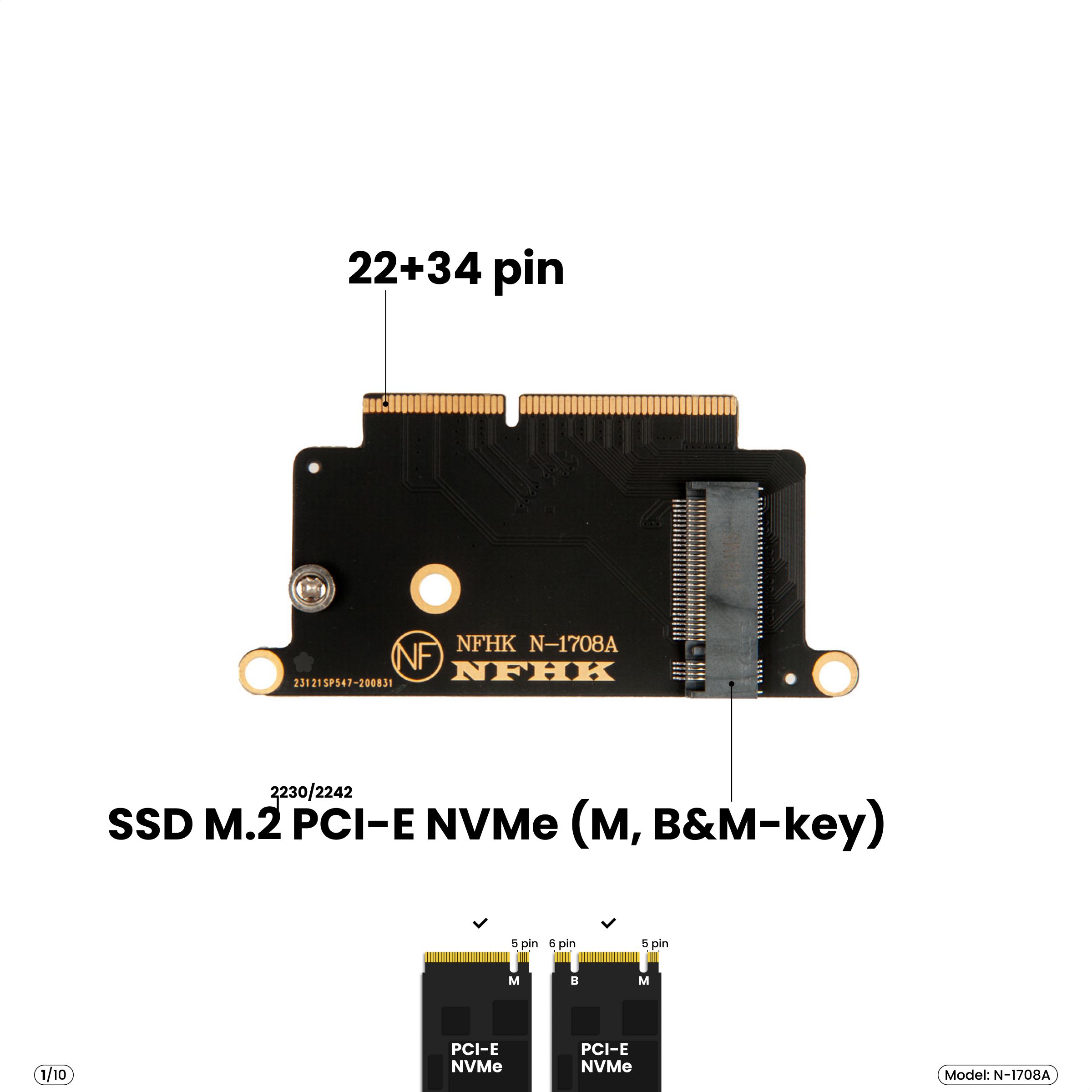 Адаптер-переходникдляустановкиSSDM.22230/2242PCI-ENVMe(M,B&M-key)вразъем22+34pinMacBookPro13"A1708,2016-2017,N-1708A
