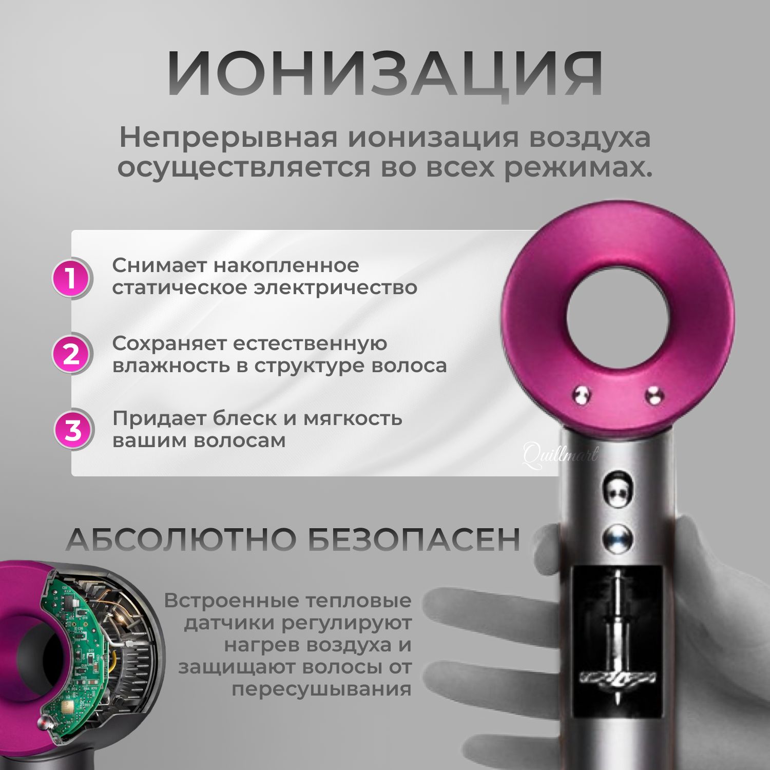Фен для волос Quillmart Фен Дайсон (качественный аналог), серый ...