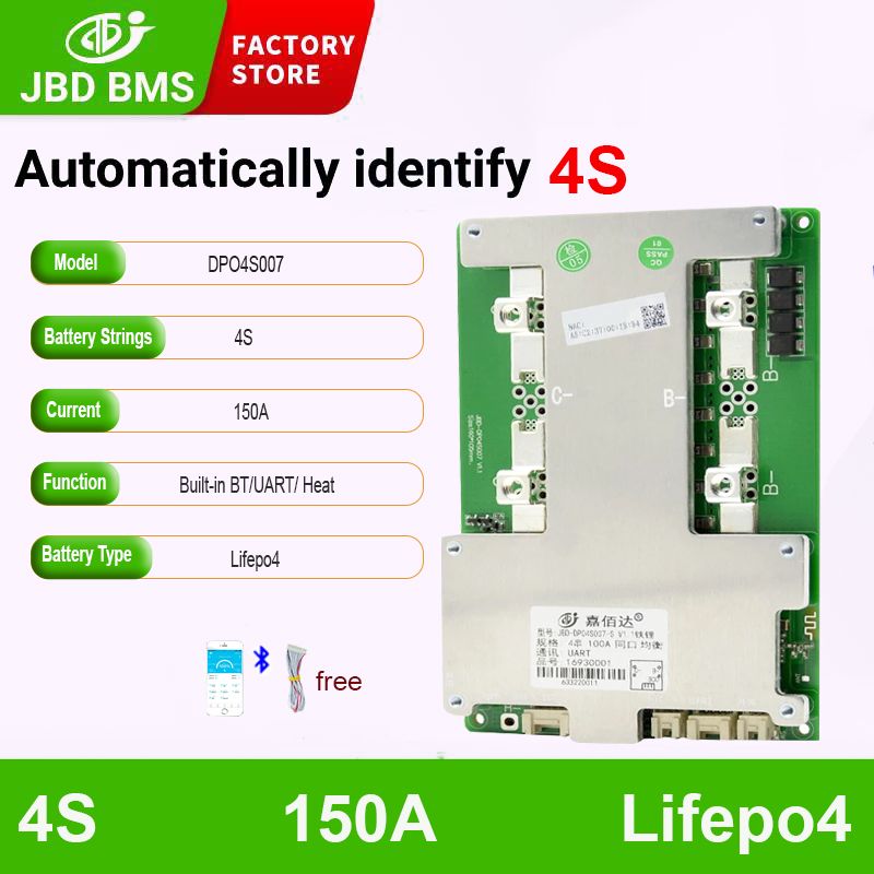 4SLifepo4150ABT,Uartcommunication,seriesconnection,switch,heatingfunction)JBDBMSLIfepo4150A3-4S12VПоддержканепрерывноготока150AВстроенныйBluetoothсфункциейбалансировкиUART