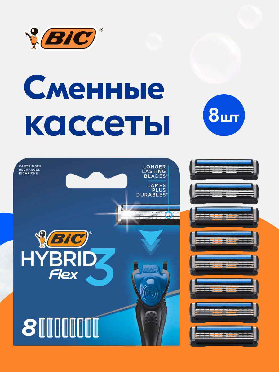 СменныекассетыдлябритьямужскиеBICHybrid3Flex,3нанотехнологичныхподвижныхлезвия,увлажняющаяполоска,8штуквупаковке
