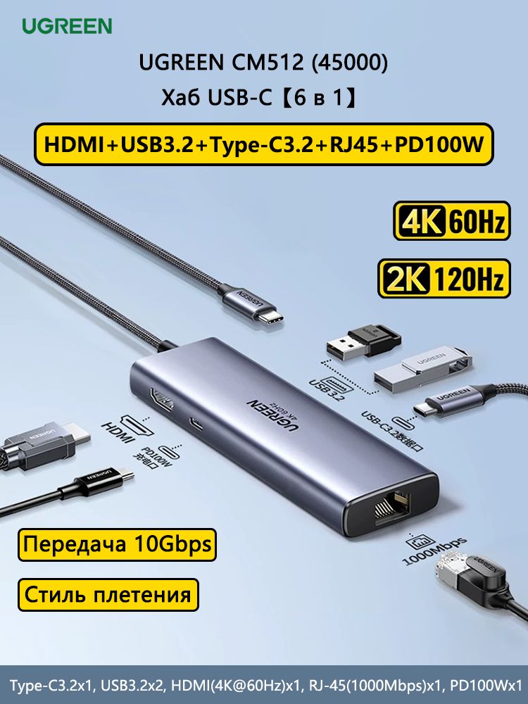 USB-Концентратор UGREEN CM512 (45000) Хаб USB-C 6-in-1 HUB, USB3.2 ...