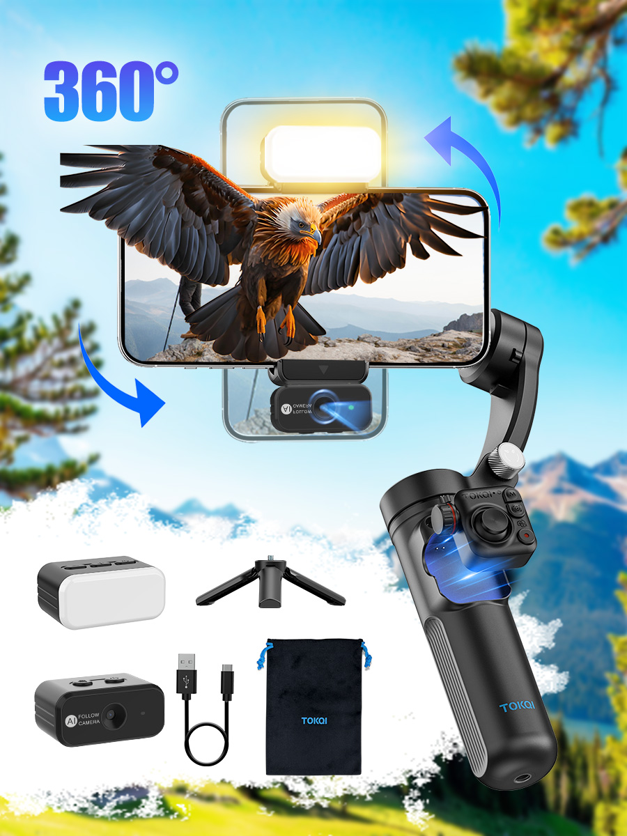 Стабилизатордлясмартфона3-осевойTokqiM02сAI-трекингомиLED-подсветкой,управлениежестамиBluetooth,длясъемкивидео,влоговипрямыхэфиров