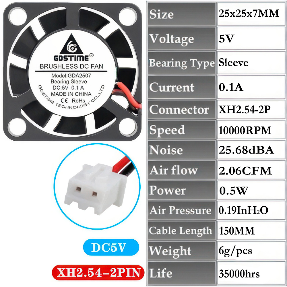 ВентиляторGdstimeDC5V25x25x7,GDA2507,Sleeve,1шт.