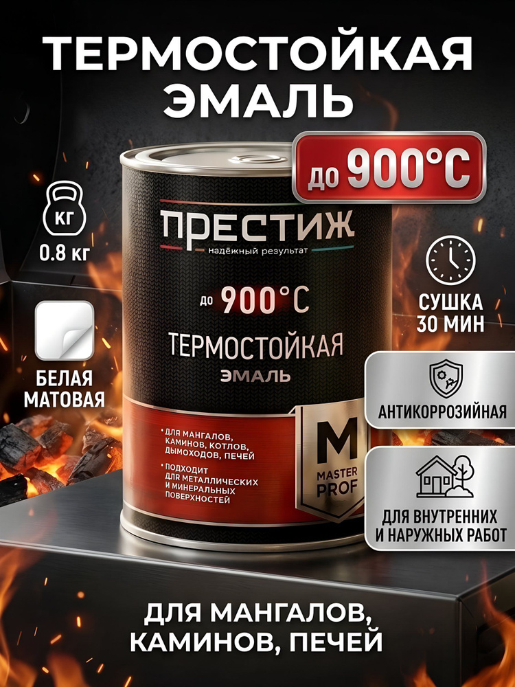 Эмаль термостойкая Престиж, до 900 С, матовая, белая, 0.8 кг #1