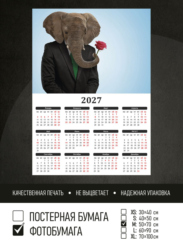 Календарь 2027 Мужчина слон с розой, фотобумага 50х70 см ПолиЦентр #1