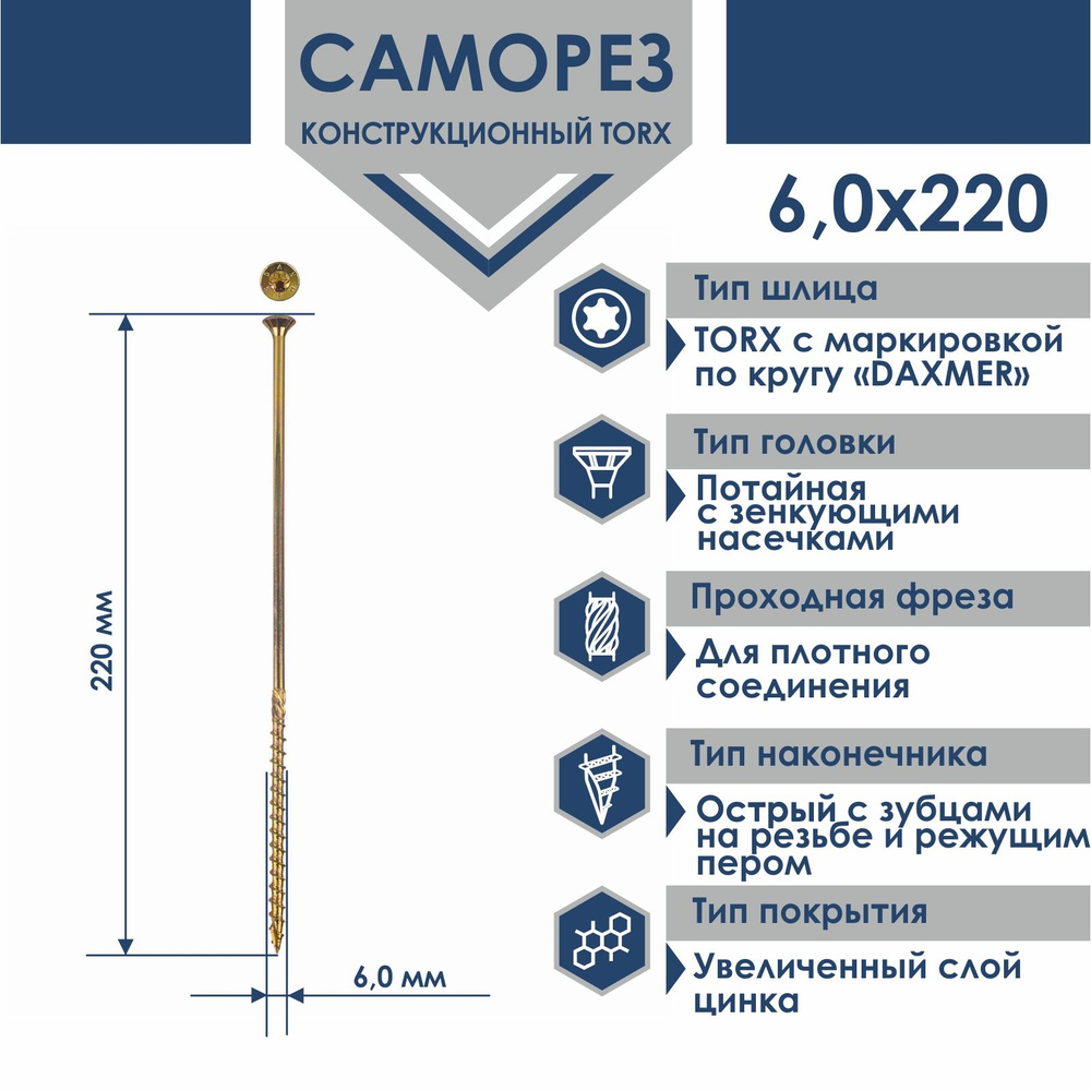 Саморез универсальный Torx Daxmer 6,0х220 (100 шт) #1