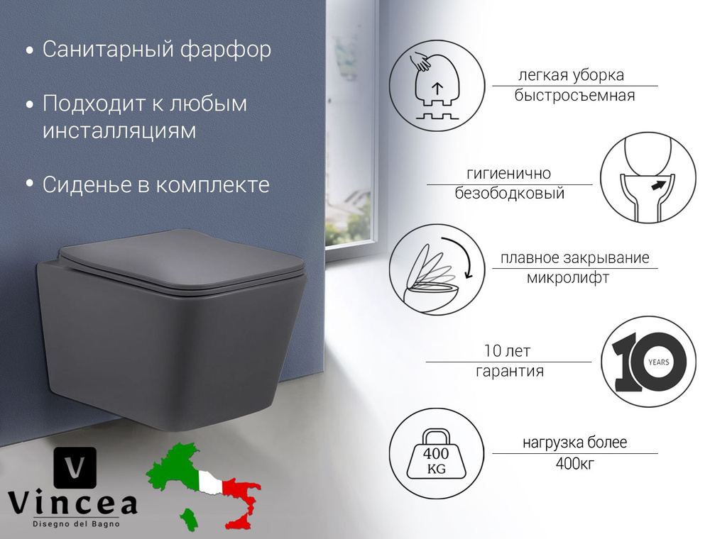 Унитаз подвесной Vincea Q-Line VT1-12MA безободковый, цвет антрацит мат., ультратонкое soft close сиденье #1