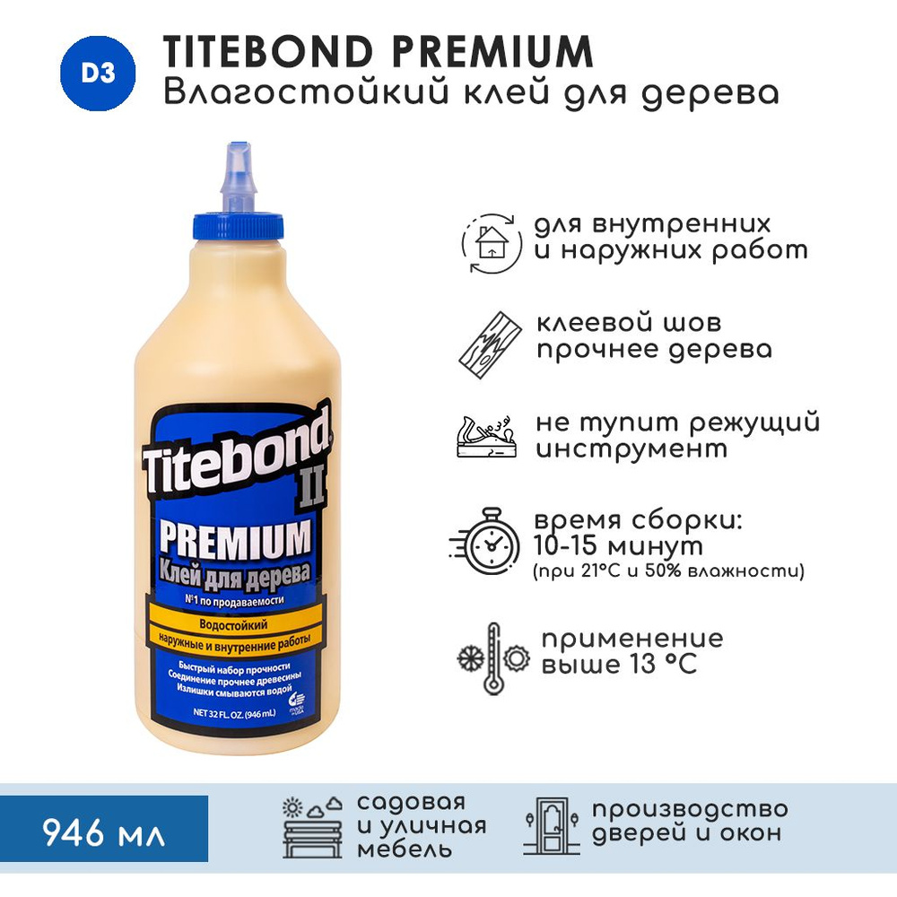 Клей для дерева Titebond II Premium столярный влагостойкий ПВА 946 мл  #1