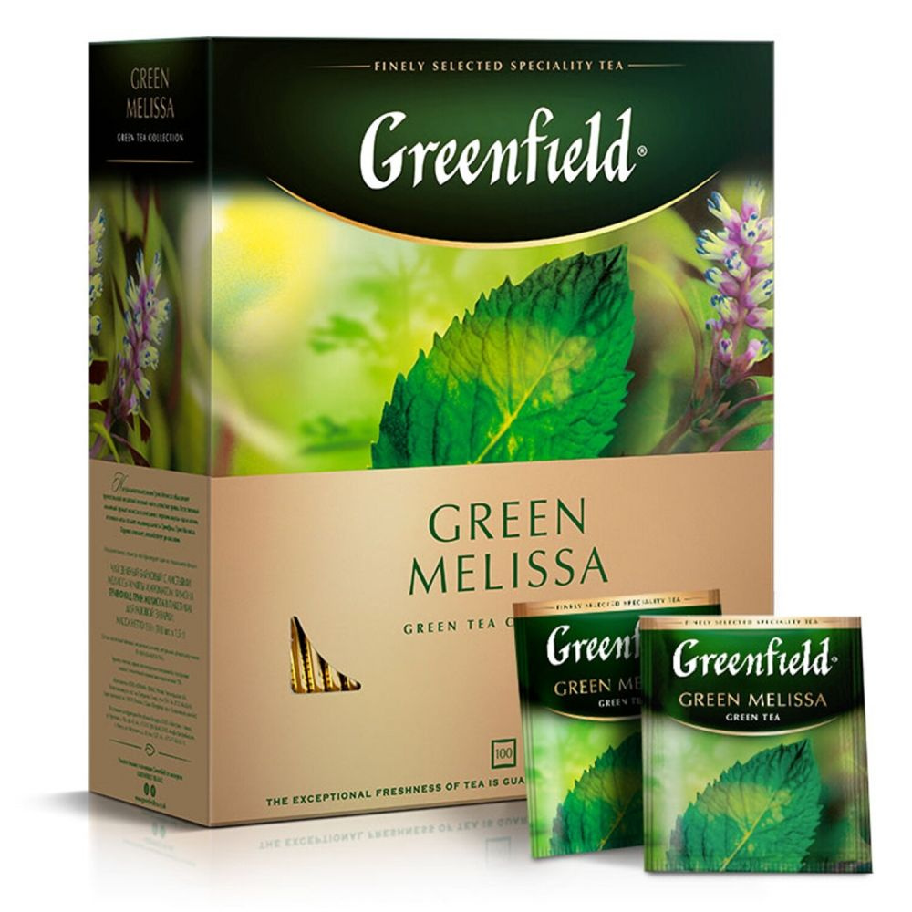 Чай в пакетиках GREENFIELD "Green Melissa" зеленый с мятой и мелиссой, 100 пакетиков в конвертах по 1,5 #1