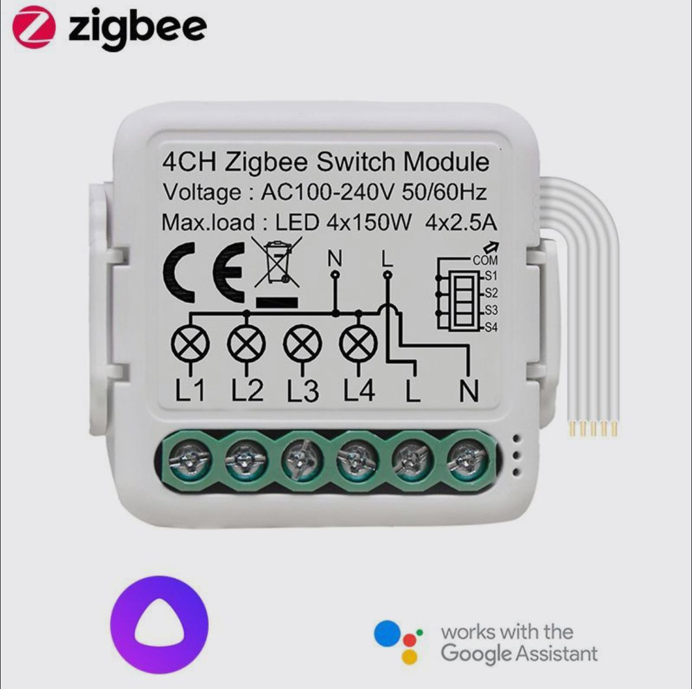 Умное реле Zigbee 4 канала, фаза+ ноль (N), 2200Вт, 4x550Вт, 4x150Вт (LED)  #1