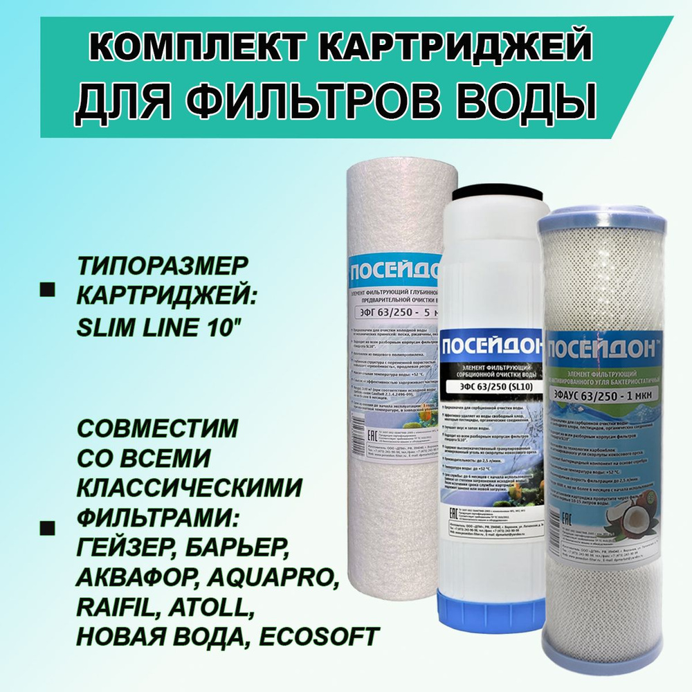 Комплект - стандарт: картриджи очистки воды SL 10 (Slim line) для проточных трехступенчатых фильтров #1