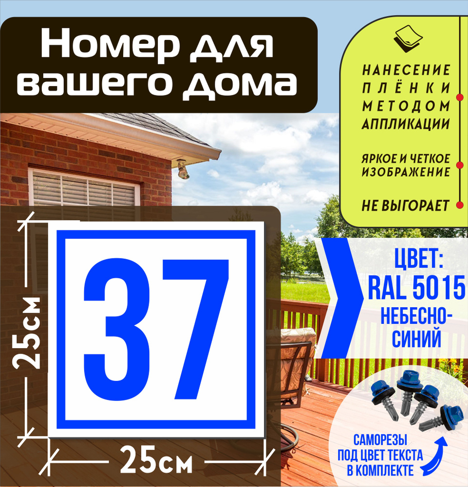 Адресная табличка на дом с номером 37 RAL 5015 синяя #1