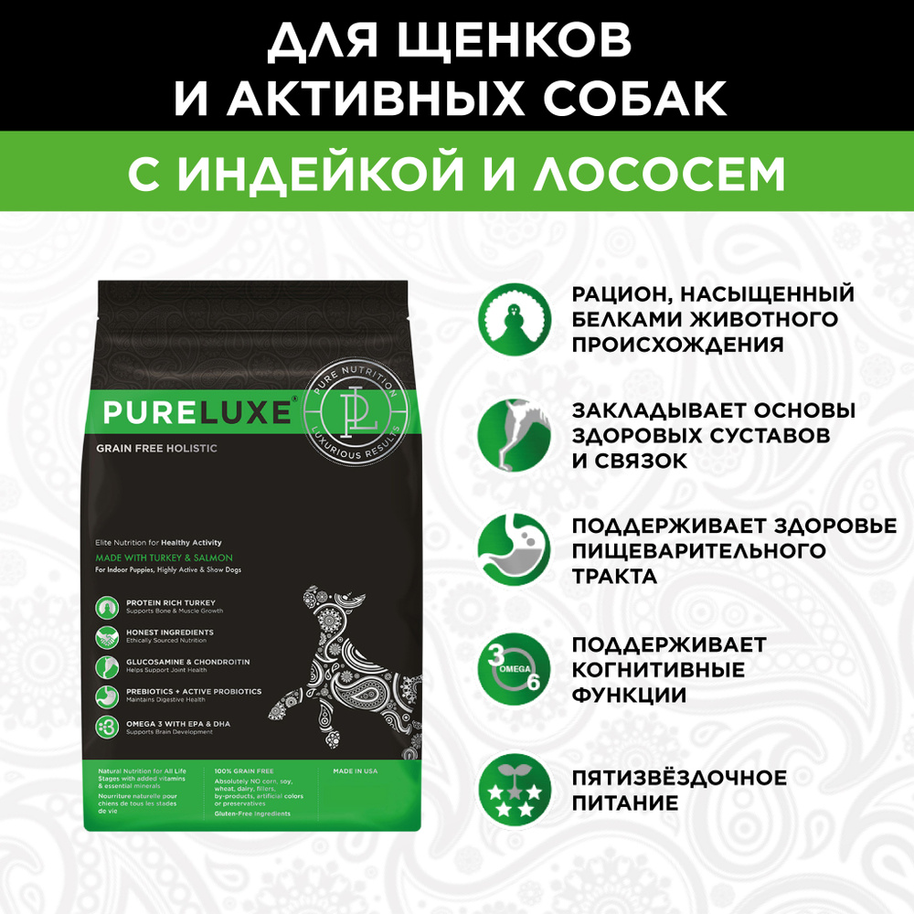 Сухой беззерновой корм PureLuxe Пурлюкс для активных собак с индейкой и лососем 1,81 кг  #1